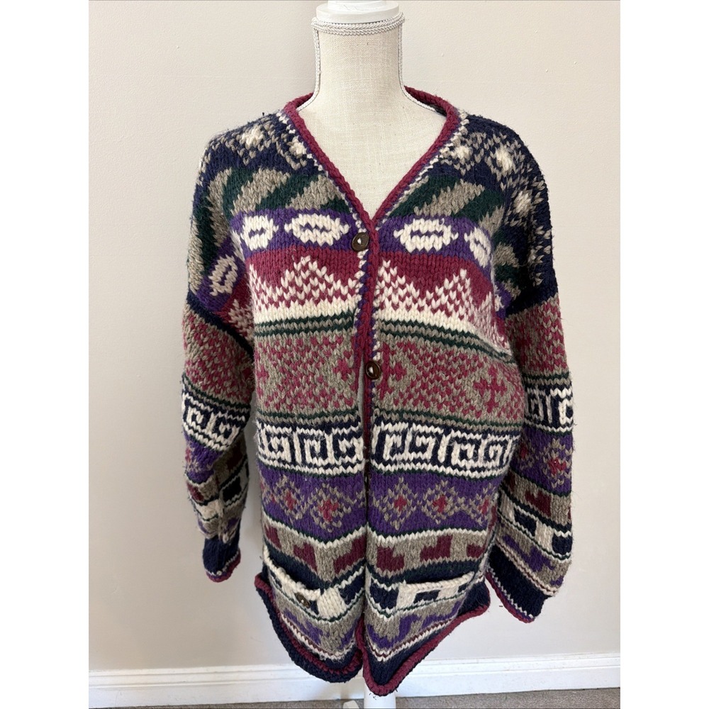Rey Wear Cardigan Sweater Large XL 100% Wool Ecuador Chunky Knit Pockets Boho